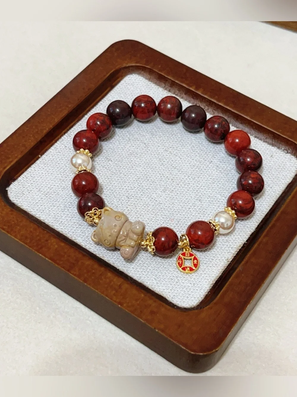 Natural Red Jasper Handmade Bracelet with Cute Alashan Agate Charm option 10mm